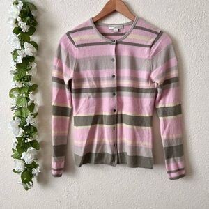 Kinross Cashmere 100% Cashmere Pink Stripe Long Sleeve Cardigan Sweater
